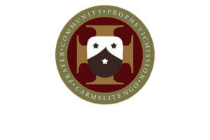 Circular Carmelite NGO seal with an olive border listing Prophetic Mission, Prayer, Community around a central brown shield motif.
