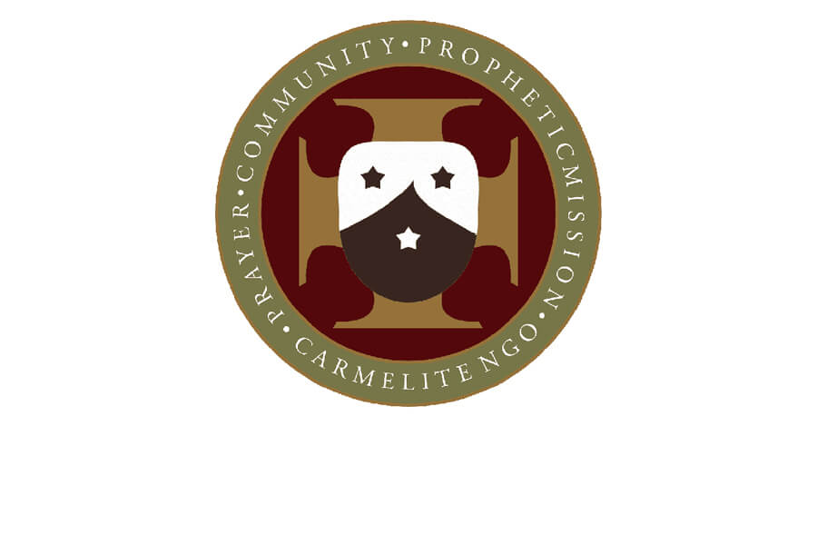 Circular Carmelite NGO seal with an olive border listing Prophetic Mission, Prayer, Community around a central brown shield motif.