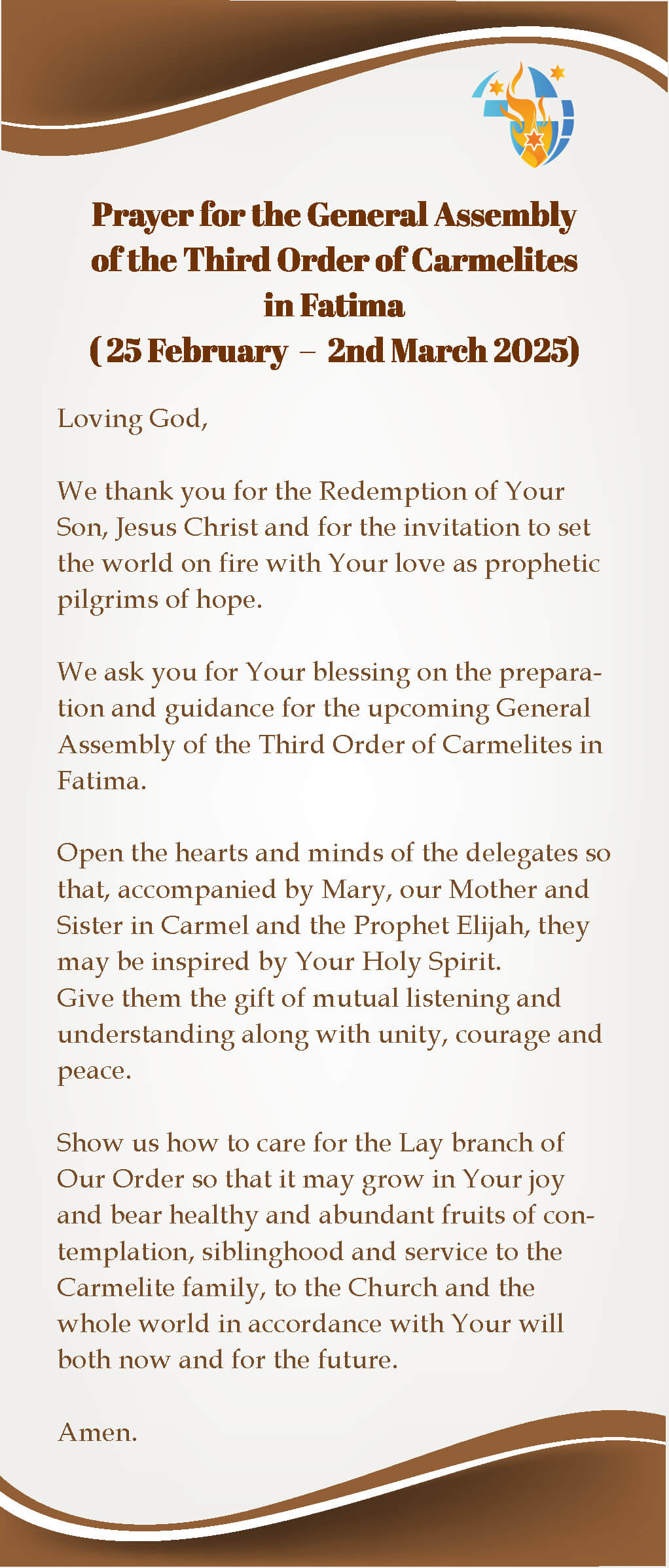 Prayer for the General Assembly of the Third Order Carmelites in Fatima ...