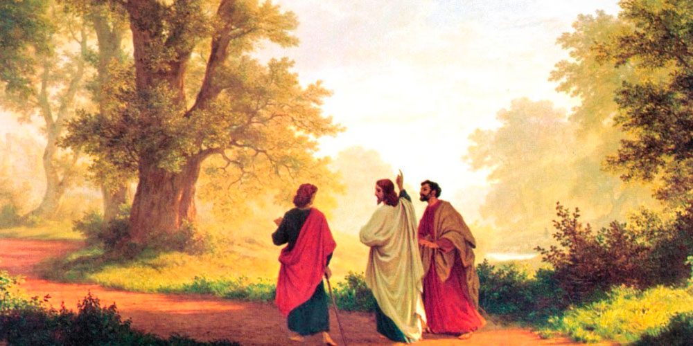 Three robed figures walk together on a dirt path through a sunlit forest in a pastoral painting, landscape scene.