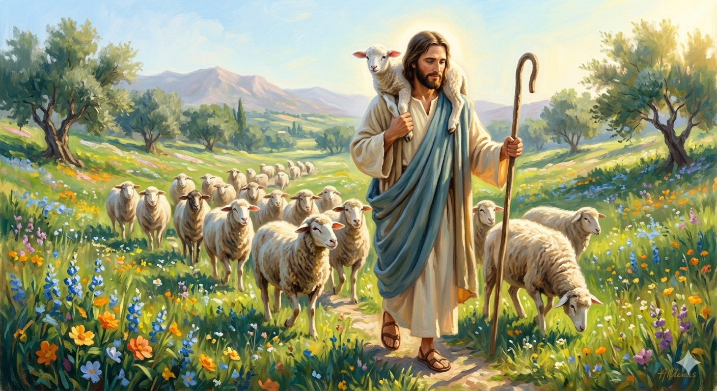 Jesus as a shepherd leads a flock of sheep through a sunlit meadow, with a lamb on his shoulders and a wooden staff in hand (Good Shepherd image).