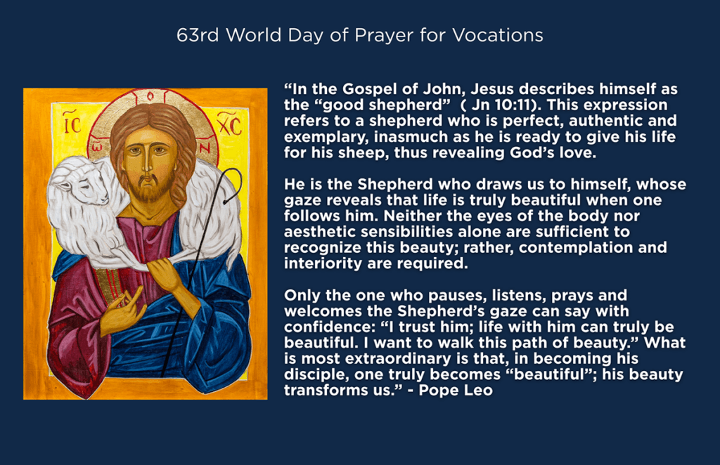Icon-style painting of Jesus as the Good Shepherd with a lamb, beside a long block of text about the World Day of Prayer for Vocations.