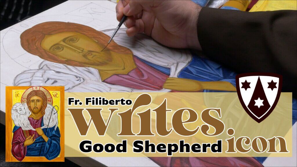 A close-up of a hand painting a religious icon of Jesus on paper, with bold page text and logos visible at the bottom right and left.