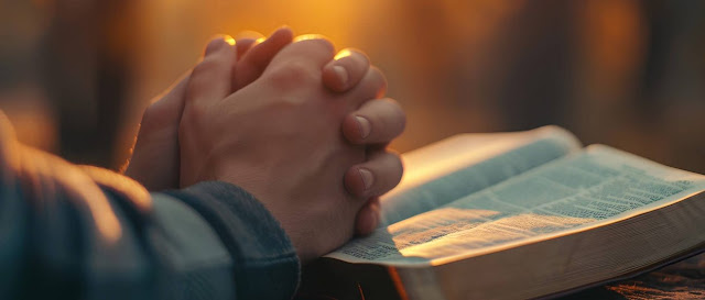 Hands clasped in prayer over an open Bible at sunset.