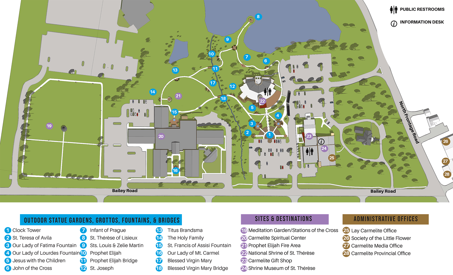 Top-down map of a campus-like site with blue numbered markers, pathways, buildings, and separate color-coded legend sections for outdoor attractions, sites, and offices.