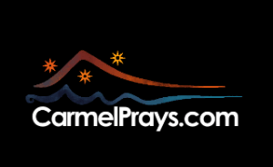 CarmelPrays.com logo with a stylized mountain, orange sun stars, blue waves, and white text.