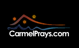 CarmelPrays.com logo with a stylized mountain, orange sun stars, blue waves, and white text.