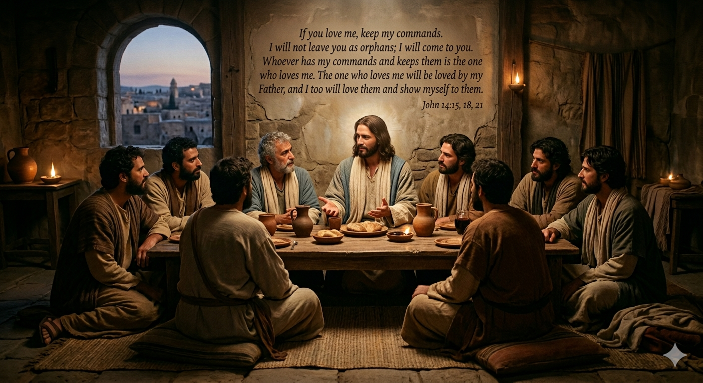 Jesus at center with twelve apostles around a long table in a stone room, sharing bread and wine by candlelight.