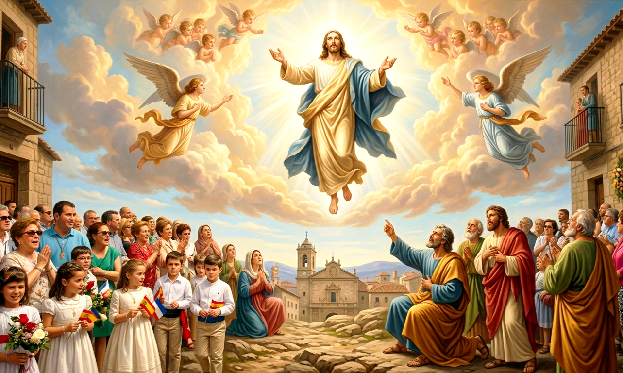 Jesus ascends into the clouds surrounded by angels as a crowd of villagers, including children in white dresses with flags, watches reverently below.