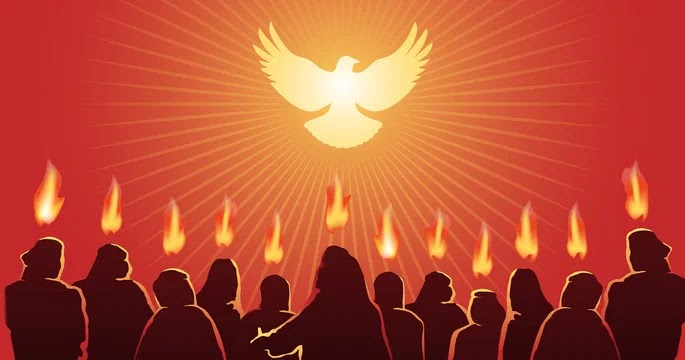Crowd of people facing a glowing dove with radiant light and flames held aloft, symbolizing the Holy Spirit.
