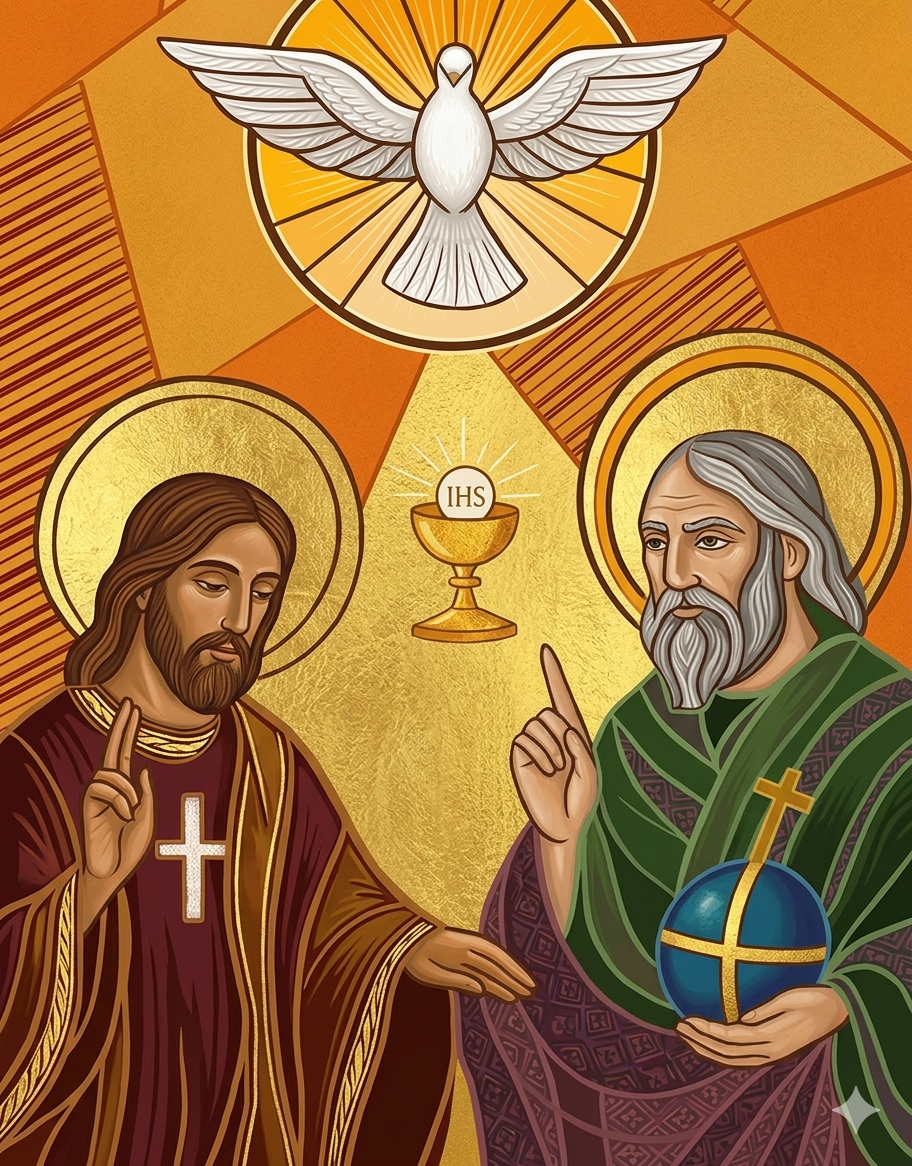 Icon-style religious artwork of two saints with halos, one in maroon robes and the other in green, raising a blessing gesture; between them a gold chalice with 'IHS' and a dove above amid an orange sunburst background.