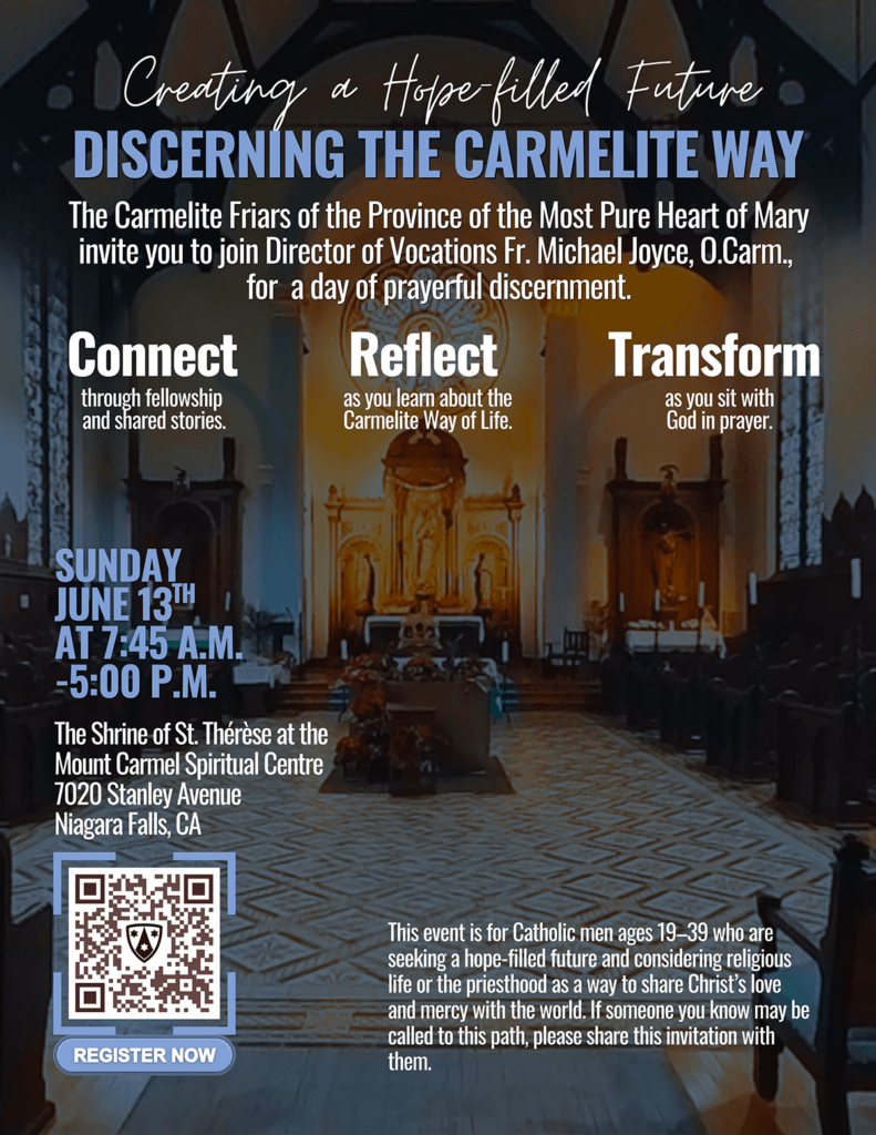 Poster advertising 'Discerning the Carmelite Way' retreat with date, time, and location at Mount Carmel Spiritual Centre. QR code visible.