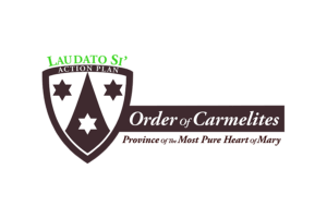 Laudato Si' Action Plan logo with shield crest and 'Order of Carmelites' banner on a dark background