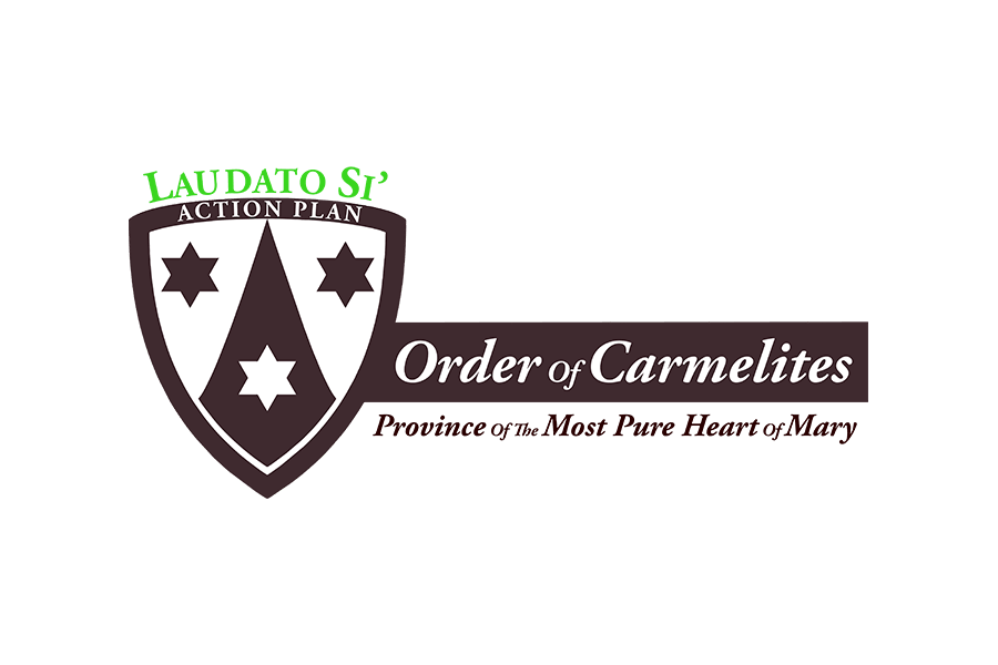 Laudato Si' Action Plan logo with shield crest and 'Order of Carmelites' banner on a dark background