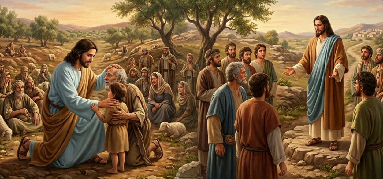Jesus blesses and comforts a child as an elderly man kneels beside him, with a crowd listening in a sunlit biblical landscape
