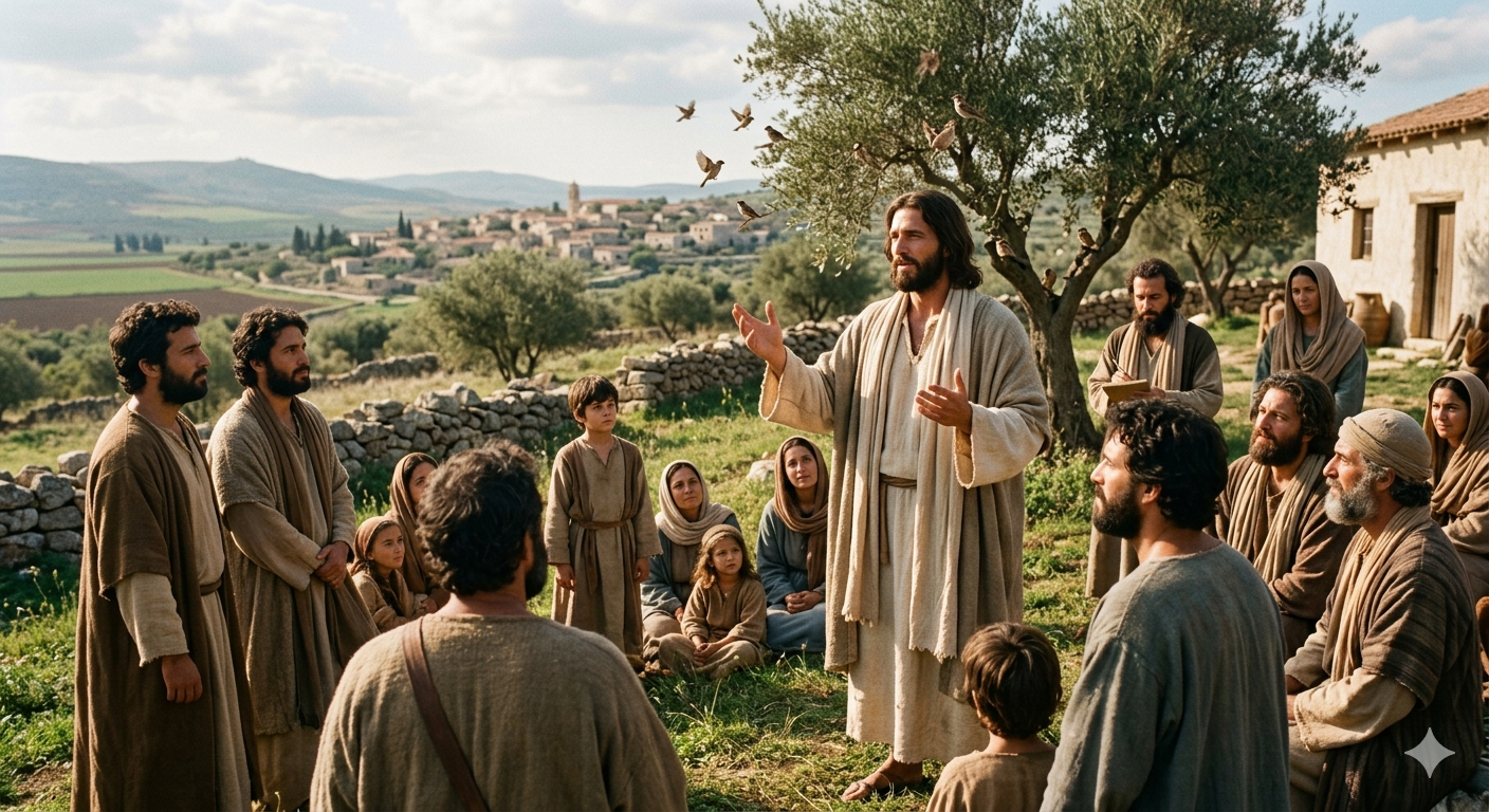 Jesus teaching a village crowd outdoors in a sunny field, with villagers listening attentively nearby stones and olive trees nearby.