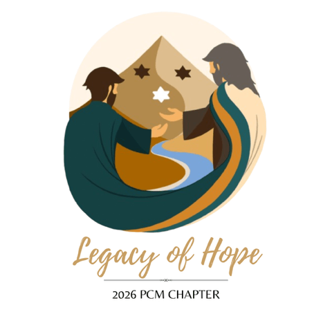Logo for 'Legacy of Hope'—2026 PCM Chapter, showing two stylized figures reaching toward a mountain with stars, circle backdrop, and the text 'Legacy of Hope' and '2026 PCM CHAPTER'