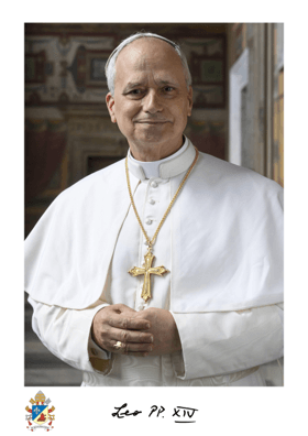 Portrait of a senior Catholic clergyman in white robes with a gold cross, standing with hands folded in a church setting.