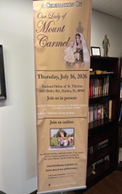 Tall beige banner promoting a Mount Carmel event, featuring a photo of a woman and child at the top and event details such as date and online join option.