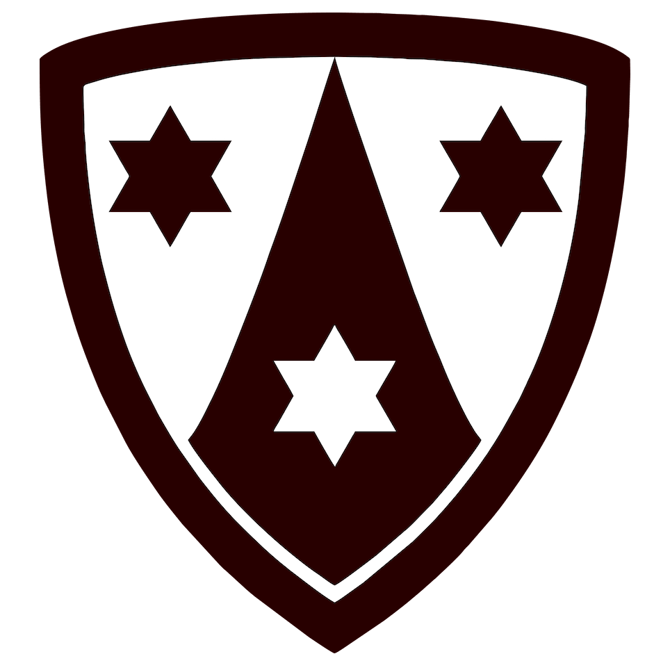 Heraldic shield with a dark maroon chevron and three dark six-pointed stars on a white field, bordered in maroon.