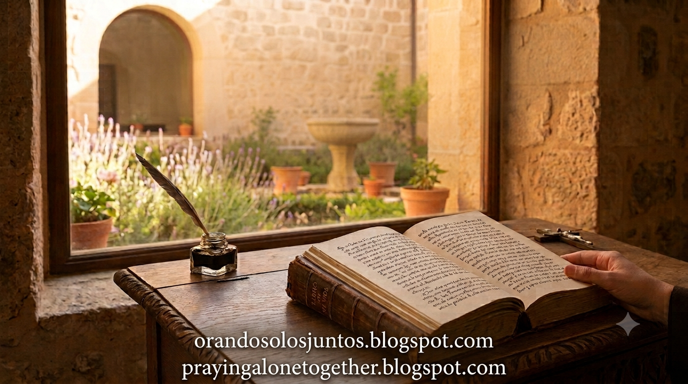 Open old manuscript on a wooden desk with a quill and ink, view of a sunlit stone courtyard with a fountain through the window.