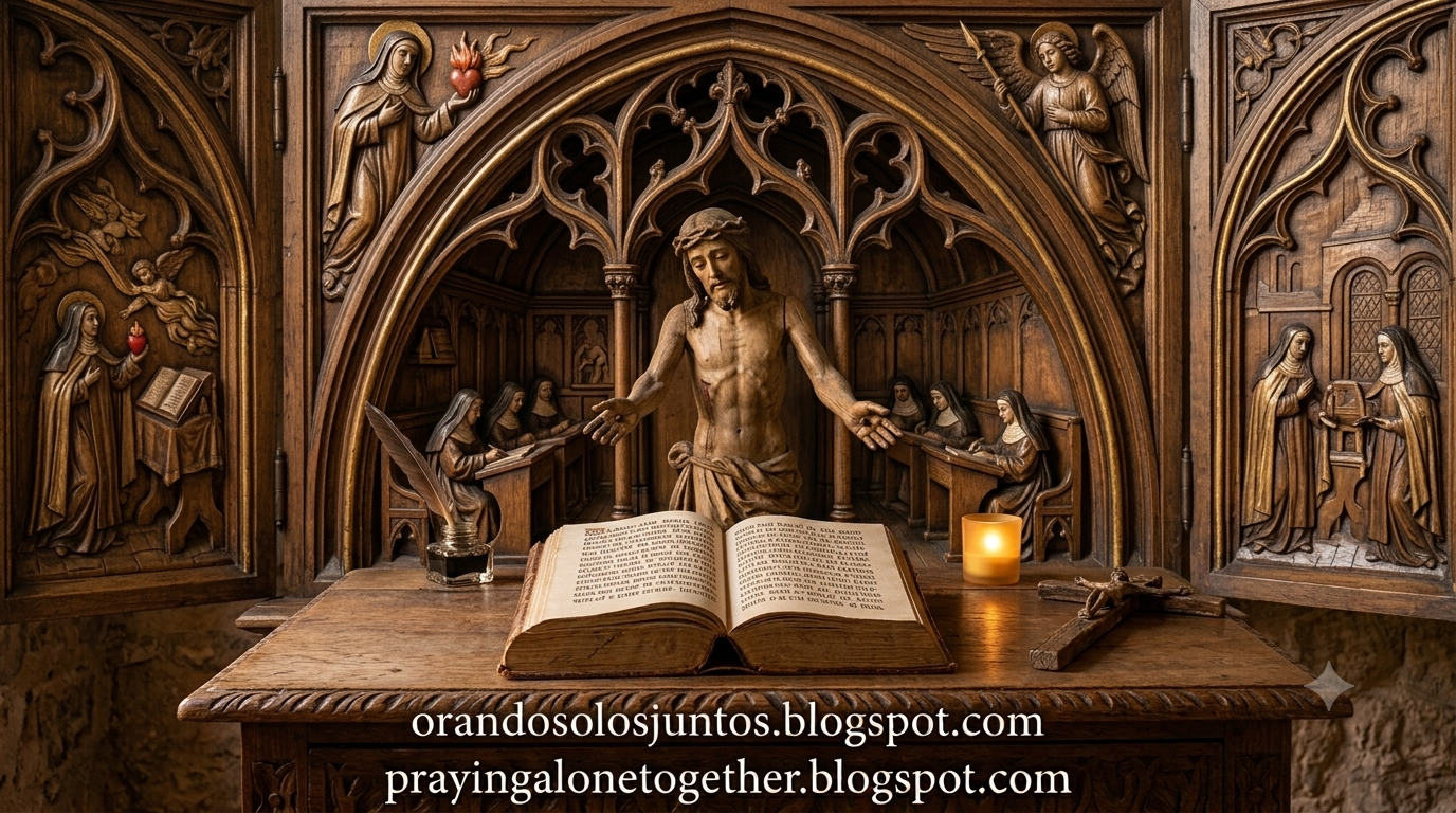 Open Bible on an ornately carved wooden altar with a crucifix, quill, and lit candle in a sacred chapel setting.