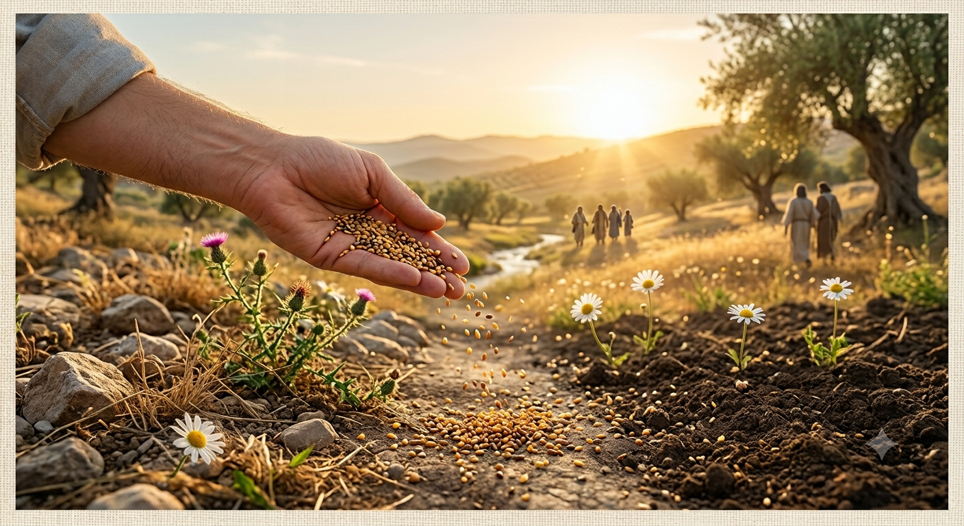 Close-up of a hand releasing seeds onto soil in a sunlit field with daisies and a distant group walking along a path.