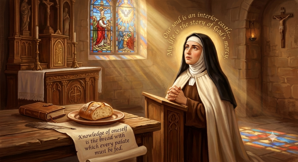 A nun in a brown habit and white veil prays at a wooden lectern in a sunlit chapel, with bread on a plate and a parchment scroll that reads, 'Knowledge of oneself is the bread with which every palate must be fed.' A stained-glass window glows in the background and a halo around her head bears a quote about the soul and God's mercy.