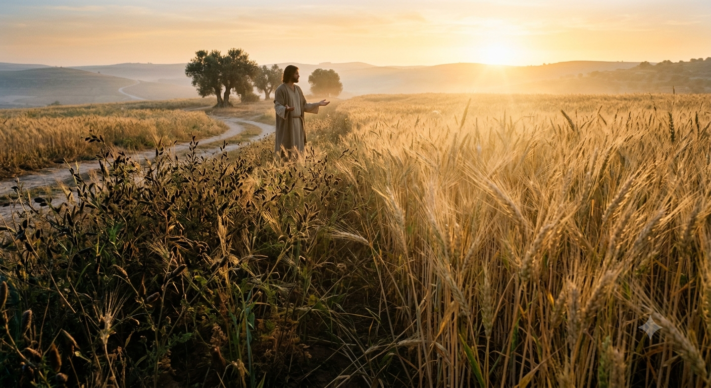 A man in a robe stands in a golden wheat field at sunset, with a dirt path winding toward distant trees in the background.