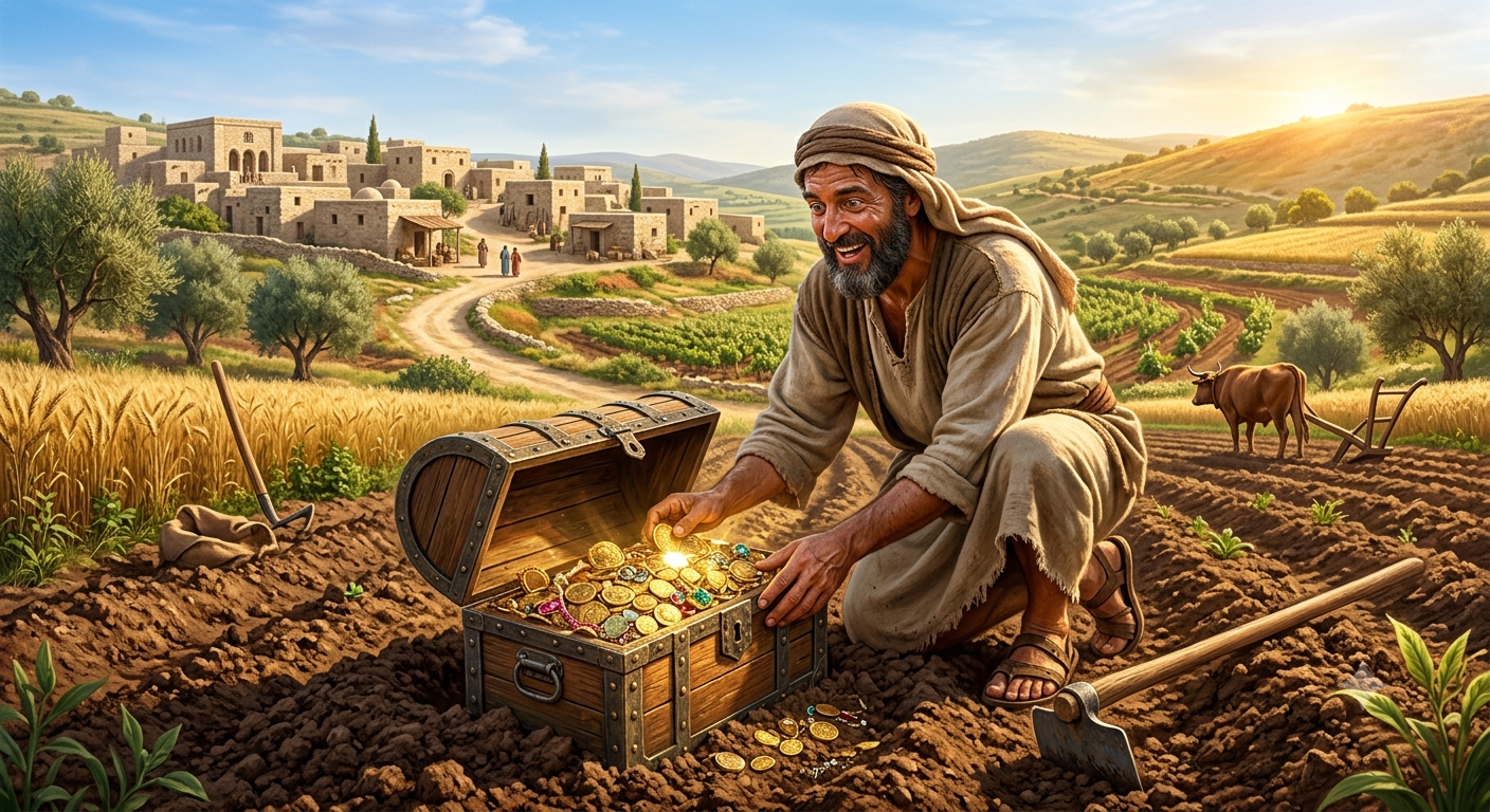 Bearded man in simple robes opens a treasure chest, coins spilling onto tilled soil in a sunlit rural landscape.