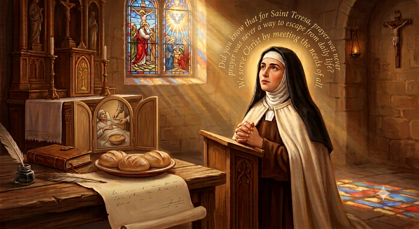 A nun prays at a lectern in a sunlit church, with bread on a table and stained-glass windows behind her.