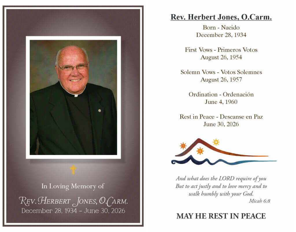 Framed memorial page with a portrait of Rev. Herbert Jones, O.Carm., and dates.