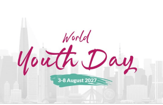 Promotional banner for World Youth Day with dates August 3–8, 2027, over a subtle city skyline background.