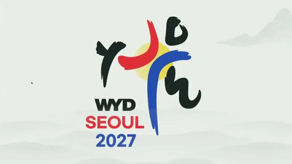 Abstract colorful emblem with red, blue, black shapes forming a circular motif above the text 'SEOUL 2027'.
