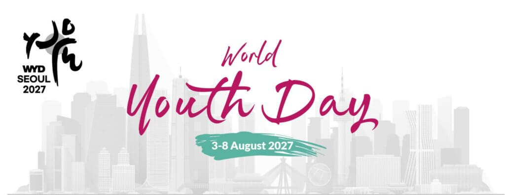 World Youth Day 2027 poster with pink script over a city skyline and teal date brush showing 3–8 August 2027.