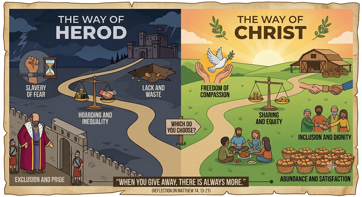 Split illustration comparing 'The Way of Herod' (left) with fear, isolation and hoarding, to 'The Way of Christ' (right) with sharing, inclusion, and abundance.