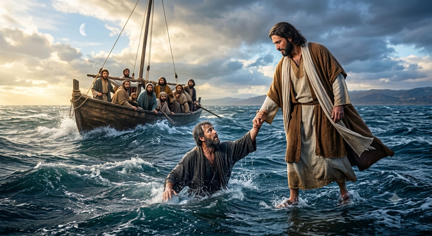 Biblical scene: Jesus helps a fisherman in rough seas while disciples watch from a wooden boat nearby.