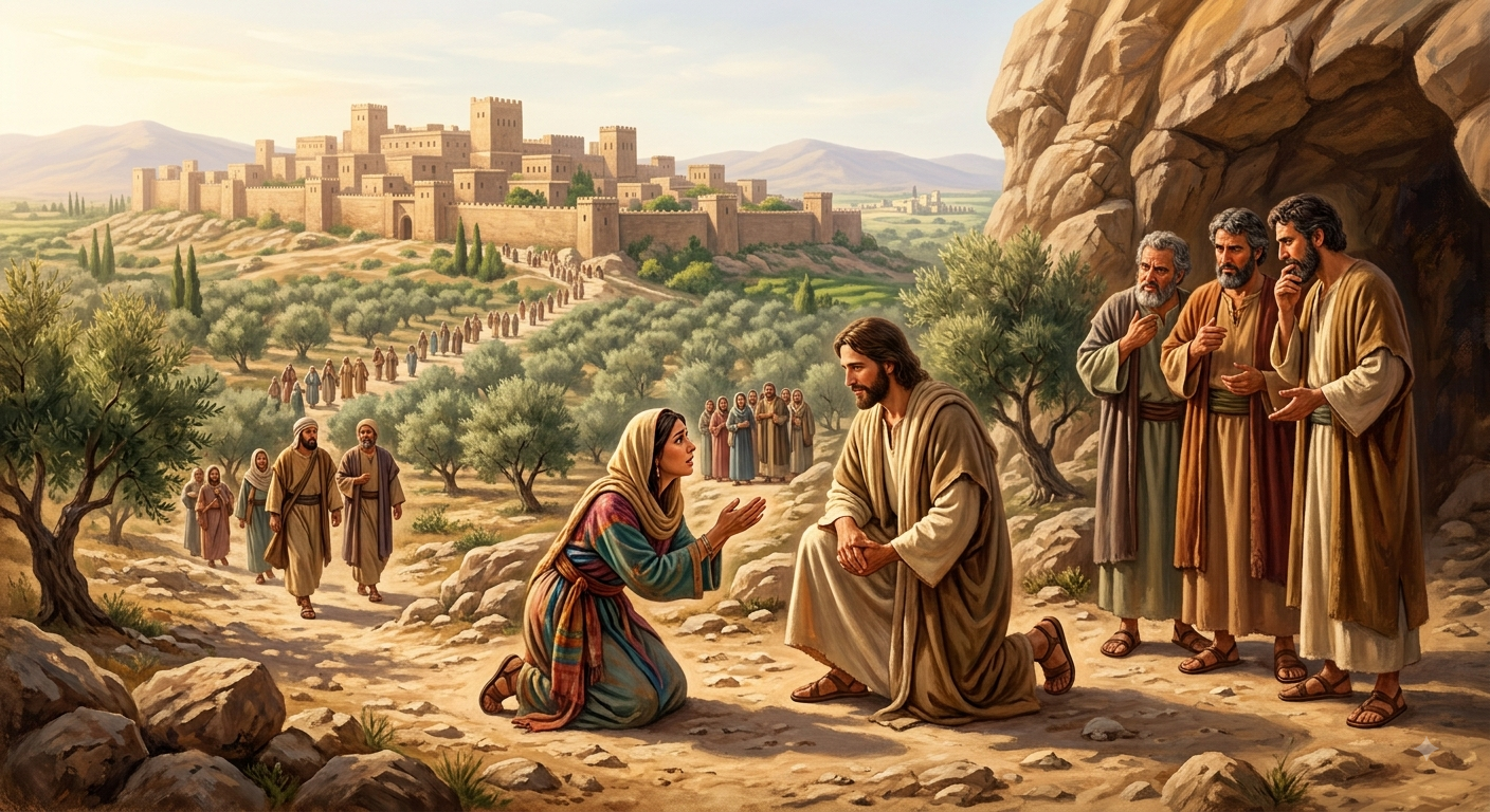 Jesus kneels and speaks to a pleading woman in colorful robes as onlookers stand nearby in a sunlit landscape with a distant village.