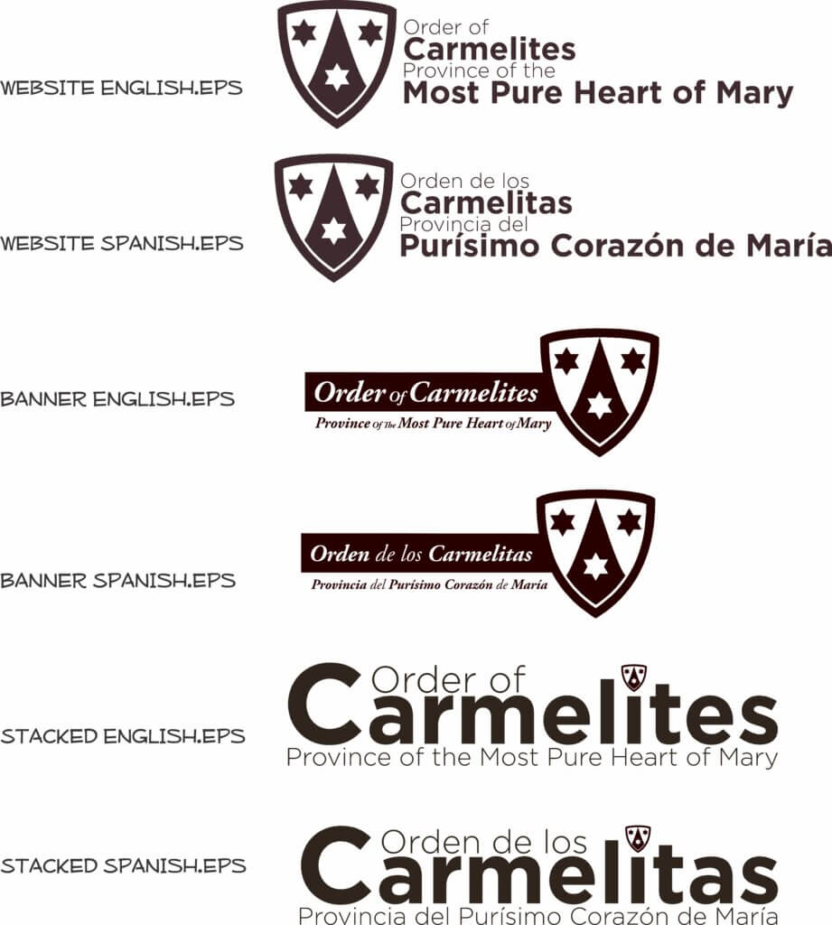 Logo banner showing the Order of Carmelites shield with three stars and central triangle, plus English and Spanish taglines: 'Order of Carmelites – Province of the Most Pure Heart of Mary' and 'Orden de los Carmelitas – Provincia del Purísimo Corazón de María'