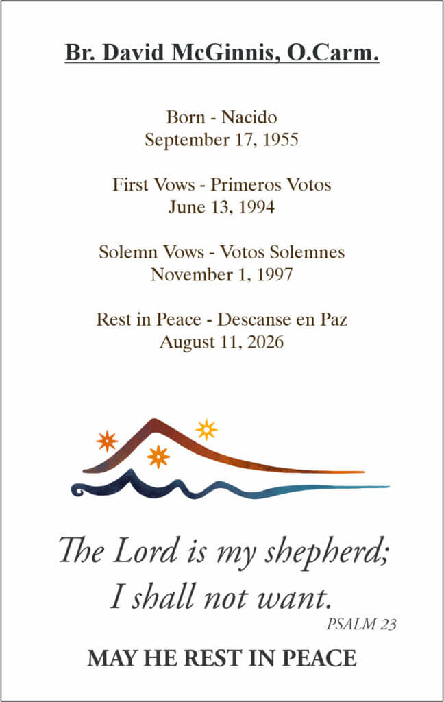 Memorial poster for Br. David McGinnis, O.Carm., listing birth date, vows dates, 'Rest in Peace' with Psalm 23, and decorative wave/star artwork.