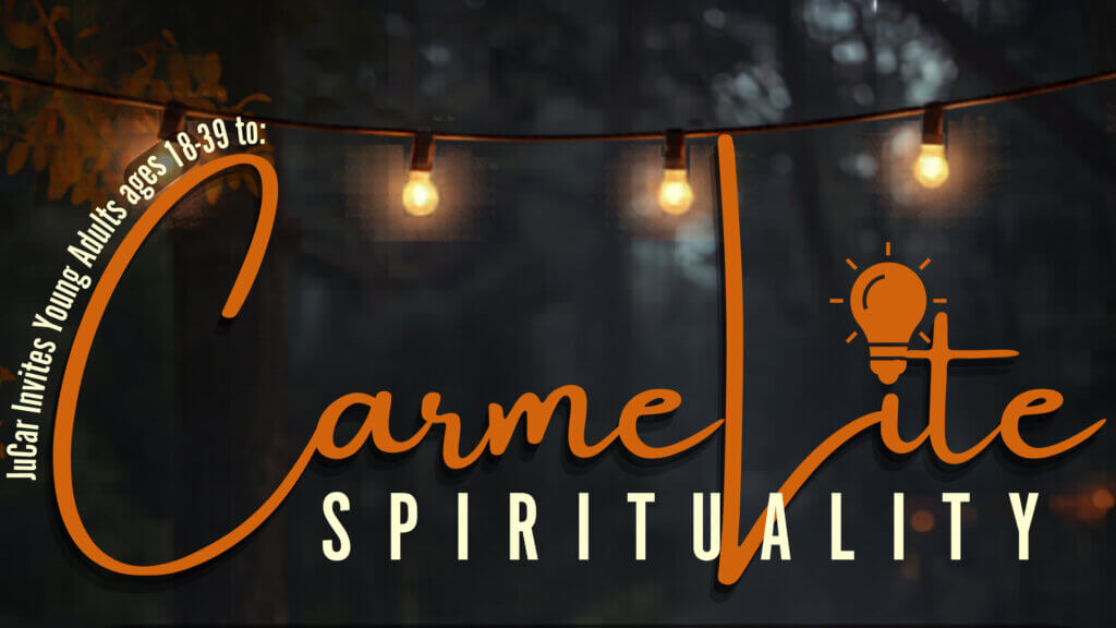 Dark, blurred banner with orange script text reading '... spirituality' and a lit orange lightbulb, inviting young adults (18–39).