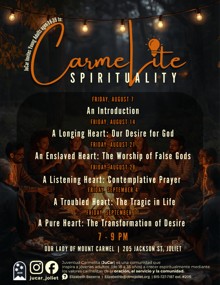 Poster advertising Carmelite Spirituality events with dates and topics, showing a group around a campfire beneath string lights.