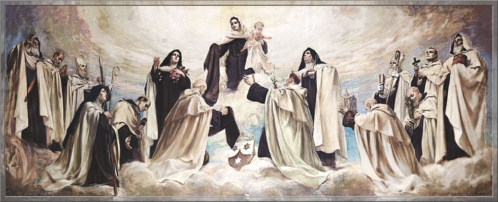 Religious painting showing clergy and nuns gathered around a central Madonna and Child above the clouds, with figures kneeling and standing in robes.