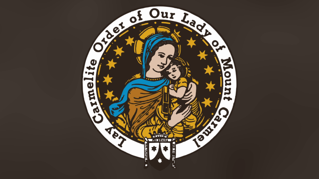 Circular seal of Our Lady of Mount Carmel: Virgin Mary holding baby Jesus, gold stars around, shield at bottom.