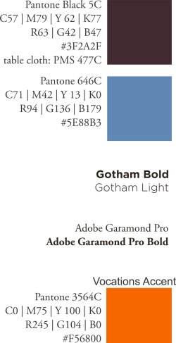 Color swatches with Pantone codes and hex values: maroon (#3F2A2F), blue (#5E88B3), and orange (#F56800); includes Gotham Bold/Light typography samples.