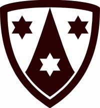 Maroon shield emblem with white interior, featuring a tall central point and two small stars on either side